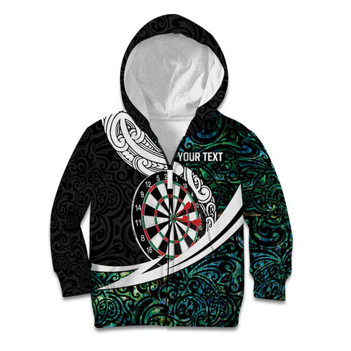 Personalized NZ Darts Kid Hoodie Paua Shell Maori Koru Whakairo - Aussie Hoodie