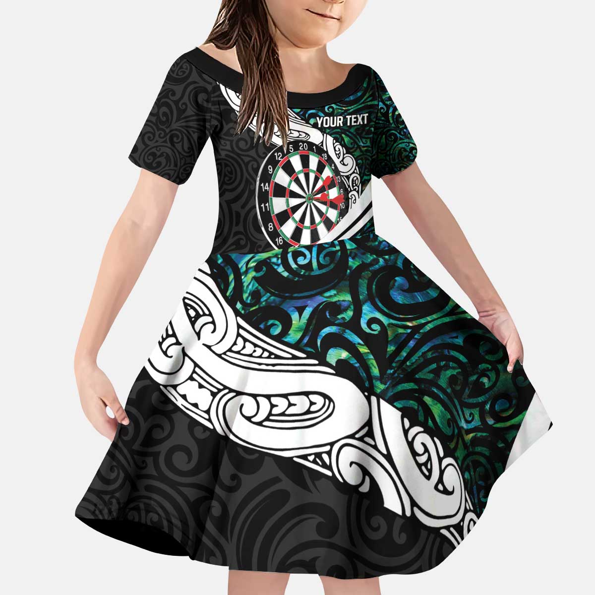 Personalized NZ Darts Kid Short Sleeve Dress Paua Shell Maori Koru Whakairo - Aussie Hoodie