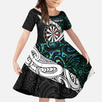 Personalized NZ Darts Kid Short Sleeve Dress Paua Shell Maori Koru Whakairo - Aussie Hoodie