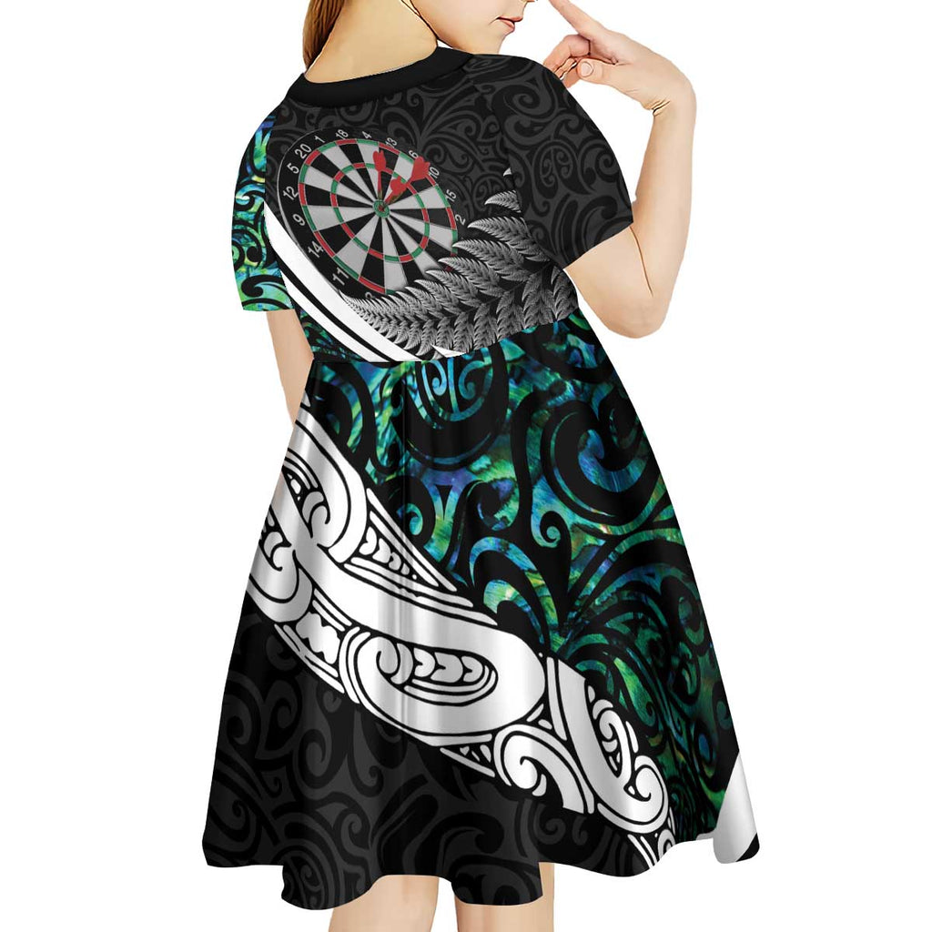Personalized NZ Darts Kid Short Sleeve Dress Paua Shell Maori Koru Whakairo - Aussie Hoodie