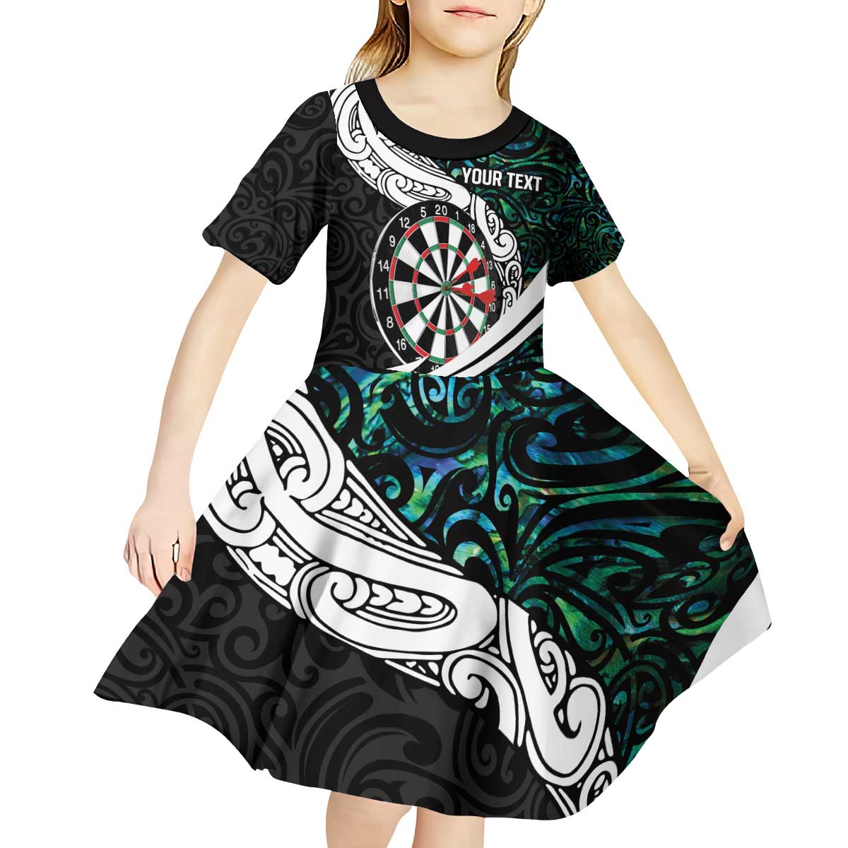 Personalized NZ Darts Kid Short Sleeve Dress Paua Shell Maori Koru Whakairo - Aussie Hoodie