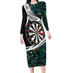 Personalized NZ Darts Long Sleeve Bodycon Dress Paua Shell Maori Koru Whakairo - Aussie Hoodie