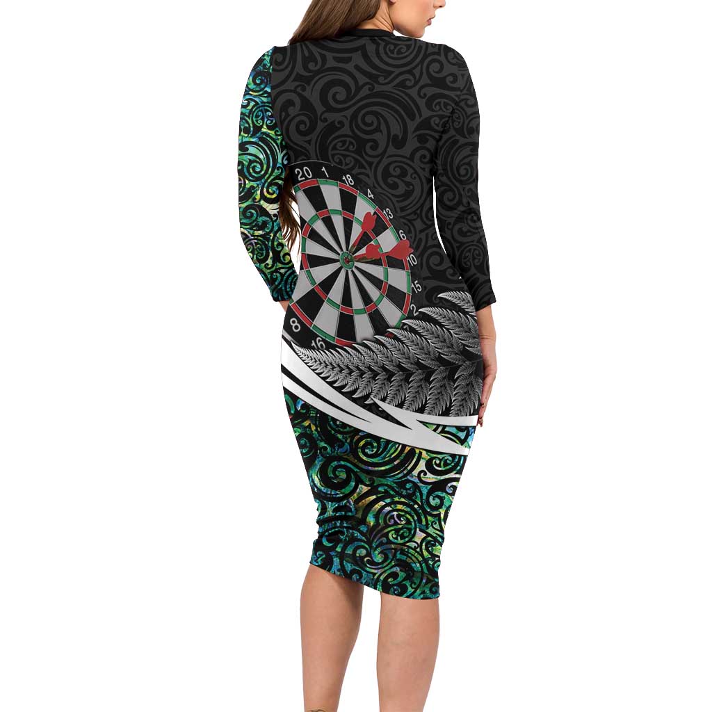 Personalized NZ Darts Long Sleeve Bodycon Dress Paua Shell Maori Koru Whakairo - Aussie Hoodie