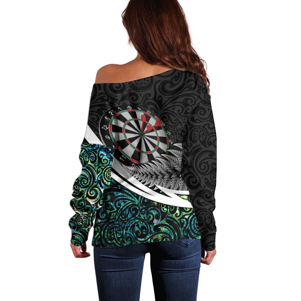 Personalized NZ Darts Off Shoulder Sweater Paua Shell Maori Koru Whakairo - Aussie Hoodie
