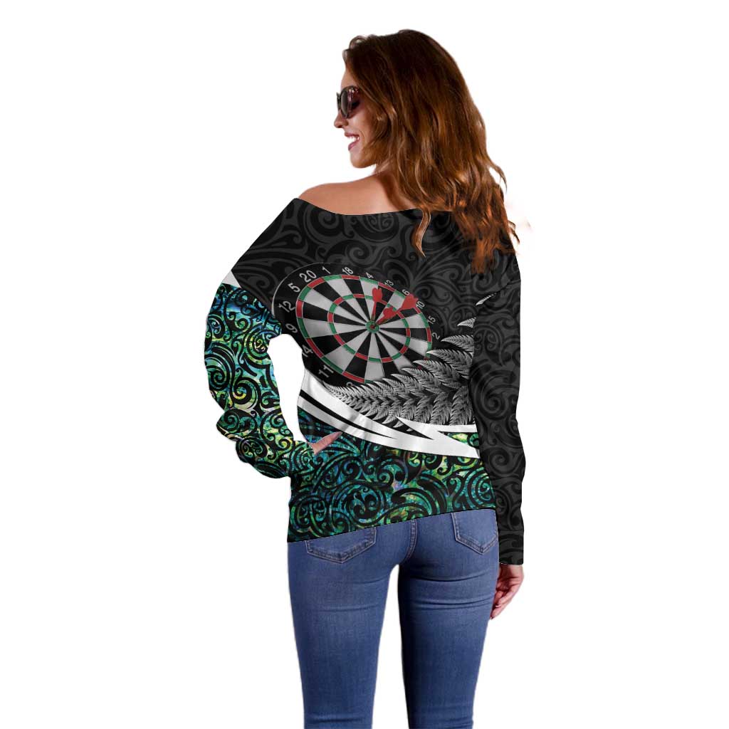 Personalized NZ Darts Off Shoulder Sweater Paua Shell Maori Koru Whakairo - Aussie Hoodie