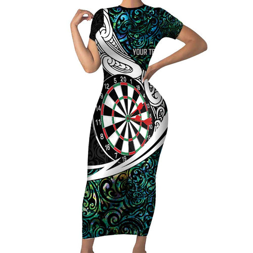 Personalized NZ Darts Short Sleeve Bodycon Dress Paua Shell Maori Koru Whakairo - Aussie Hoodie
