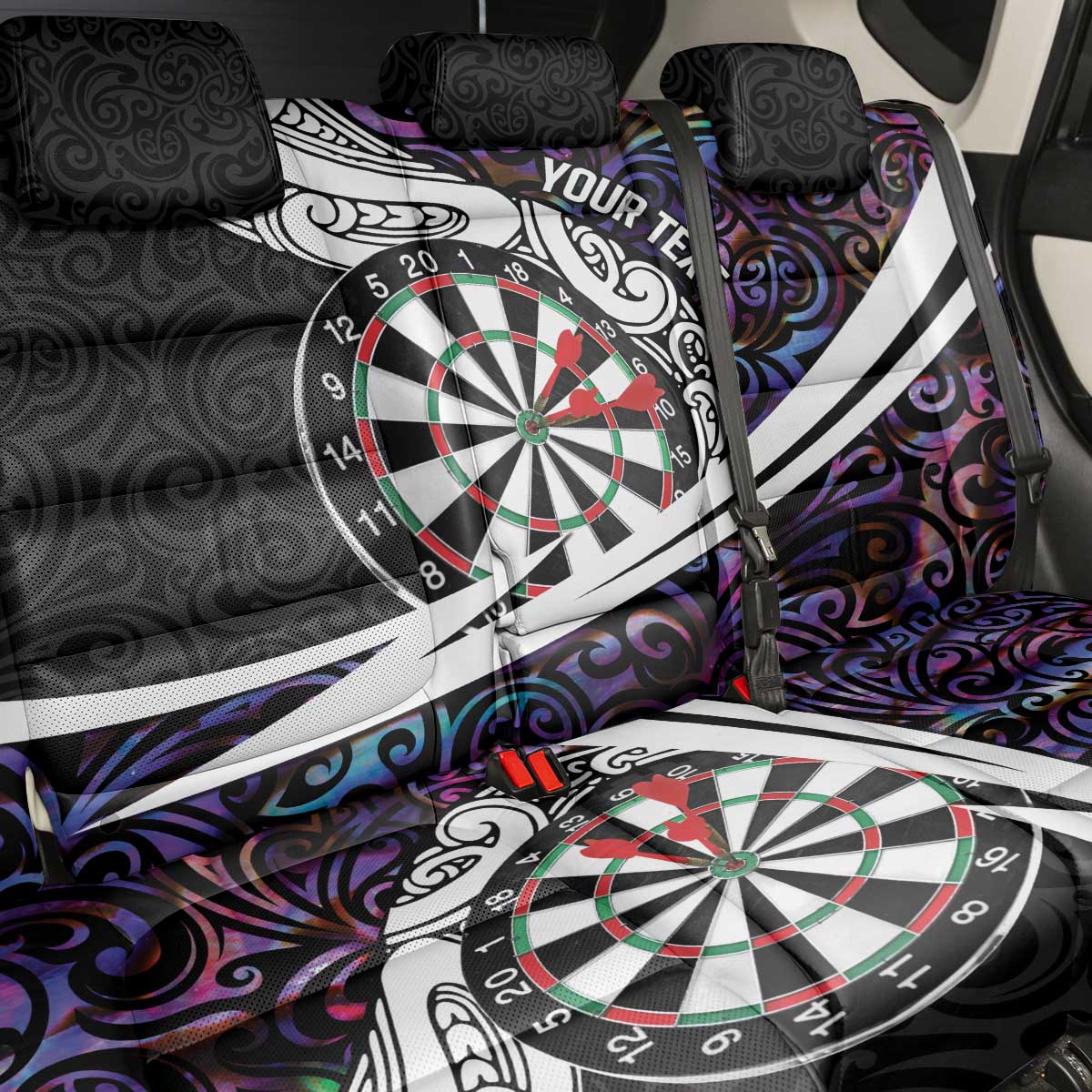 Personalized NZ Darts Back Car Seat Cover Paua Shell Maori Koru Whakairo - Purple - Aussie Hoodie