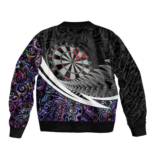 Personalized NZ Darts Bomber Jacket Paua Shell Maori Koru Whakairo - Purple - Aussie Hoodie