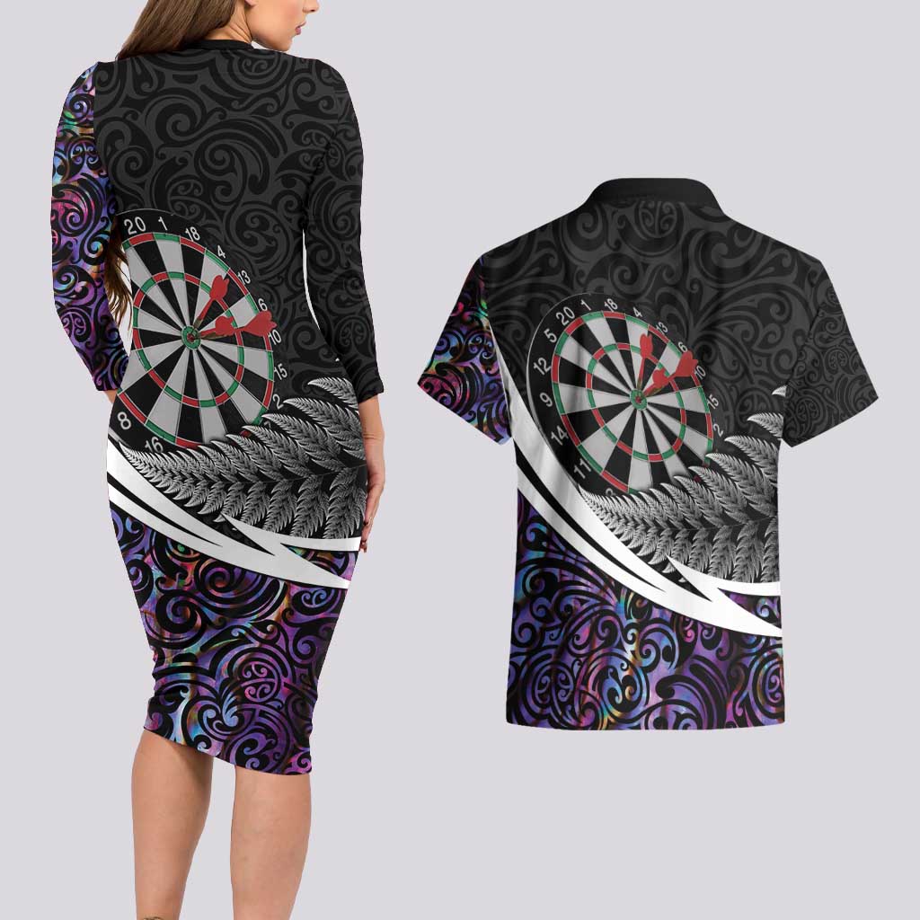 Personalized NZ Darts Couples Matching Long Sleeve Bodycon Dress and Hawaiian Shirt Paua Shell Maori Koru Whakairo - Purple - Aussie Hoodie