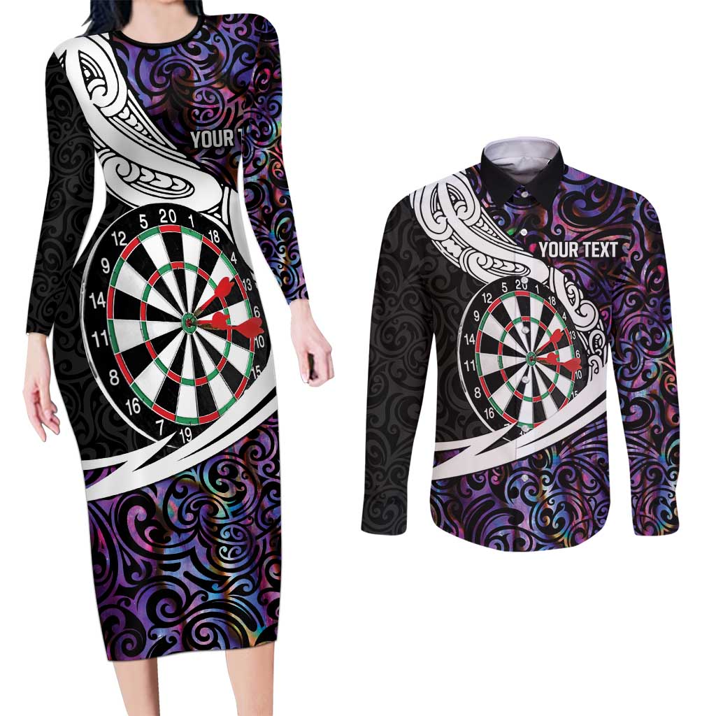 Personalized NZ Darts Couples Matching Long Sleeve Bodycon Dress and Long Sleeve Button Shirt Paua Shell Maori Koru Whakairo - Purple - Aussie Hoodie