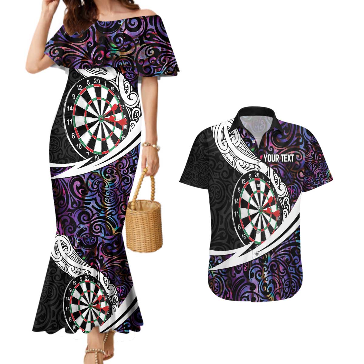 Personalized NZ Darts Couples Matching Mermaid Dress and Hawaiian Shirt Paua Shell Maori Koru Whakairo - Purple - Aussie Hoodie
