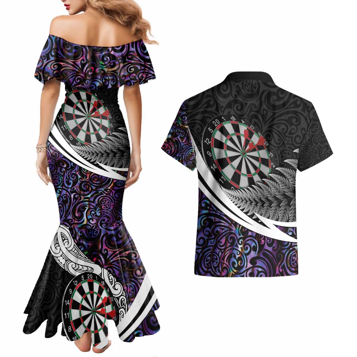 Personalized NZ Darts Couples Matching Mermaid Dress and Hawaiian Shirt Paua Shell Maori Koru Whakairo - Purple - Aussie Hoodie