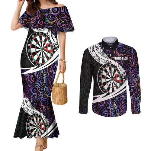 Personalized NZ Darts Couples Matching Mermaid Dress and Long Sleeve Button Shirt Paua Shell Maori Koru Whakairo - Purple - Aussie Hoodie