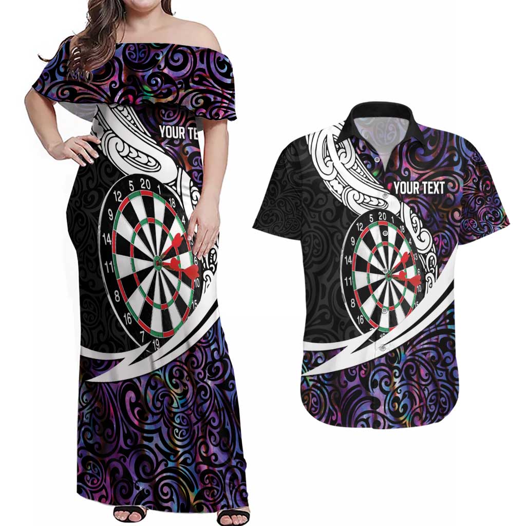 Personalized NZ Darts Couples Matching Off Shoulder Maxi Dress and Hawaiian Shirt Paua Shell Maori Koru Whakairo - Purple - Aussie Hoodie