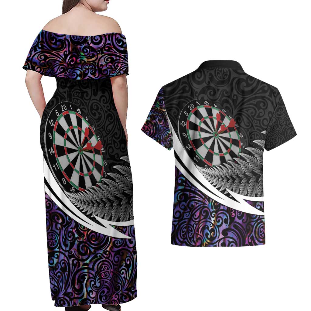 Personalized NZ Darts Couples Matching Off Shoulder Maxi Dress and Hawaiian Shirt Paua Shell Maori Koru Whakairo - Purple - Aussie Hoodie