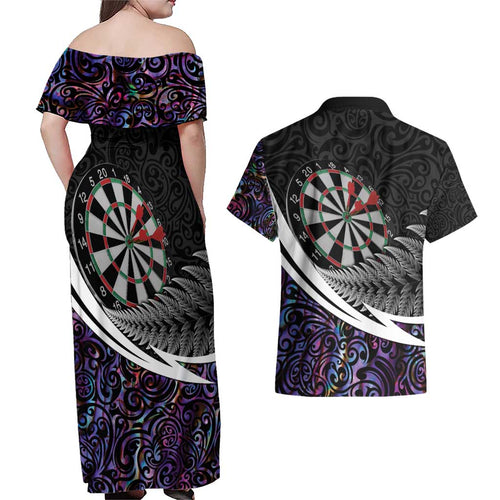 Personalized NZ Darts Couples Matching Off Shoulder Maxi Dress and Hawaiian Shirt Paua Shell Maori Koru Whakairo - Purple - Aussie Hoodie