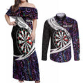 Personalized NZ Darts Couples Matching Off Shoulder Maxi Dress and Long Sleeve Button Shirt Paua Shell Maori Koru Whakairo - Purple - Aussie Hoodie