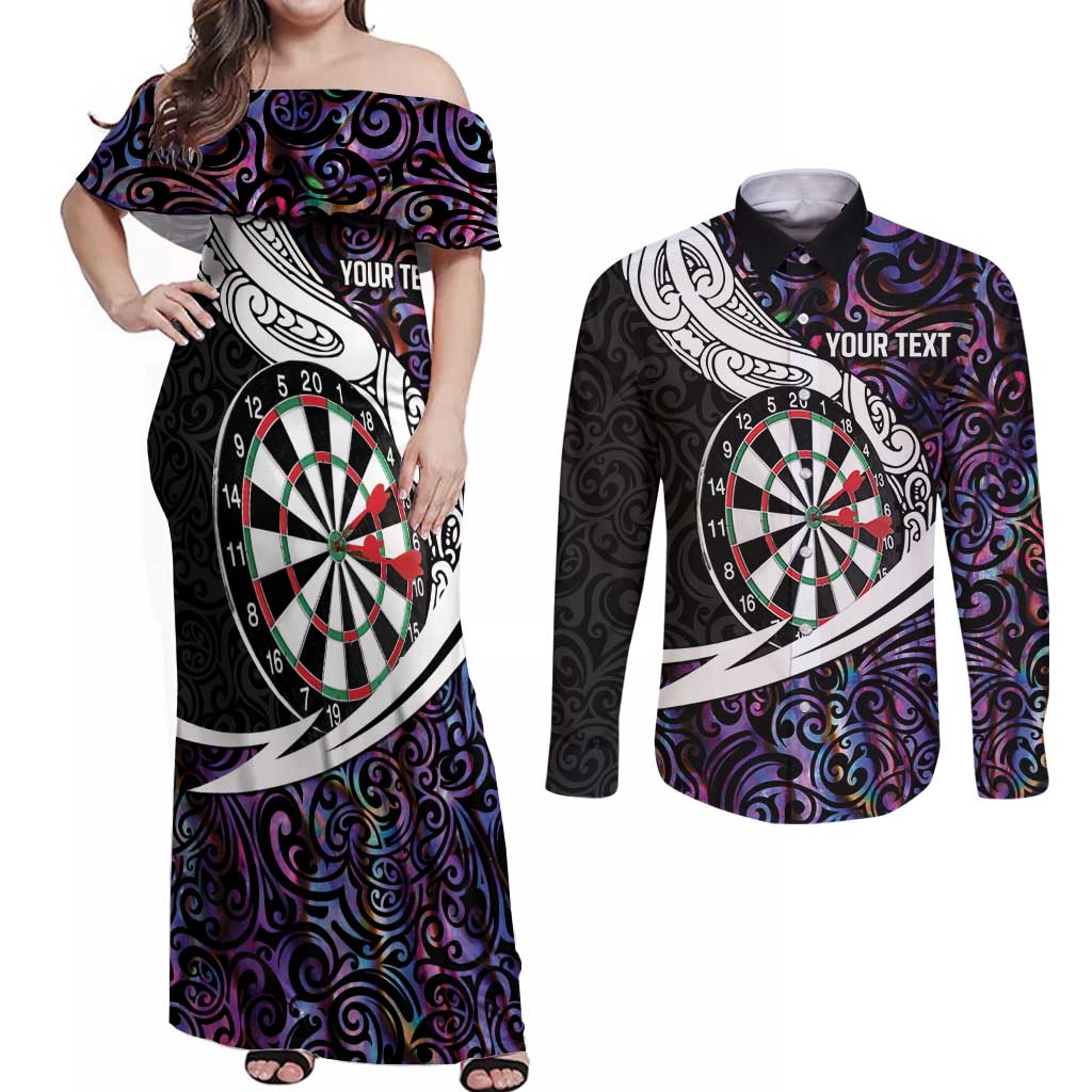 Personalized NZ Darts Couples Matching Off Shoulder Maxi Dress and Long Sleeve Button Shirt Paua Shell Maori Koru Whakairo - Purple - Aussie Hoodie
