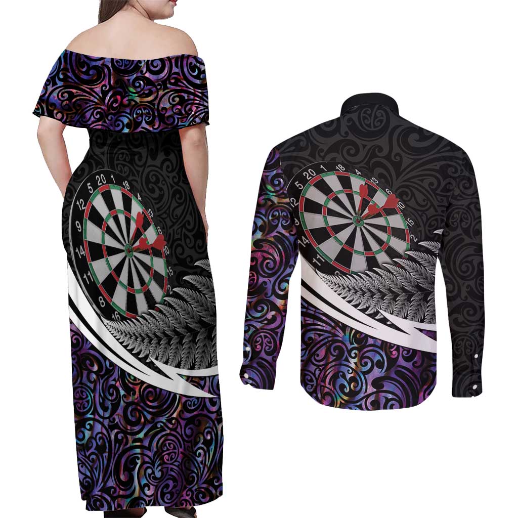Personalized NZ Darts Couples Matching Off Shoulder Maxi Dress and Long Sleeve Button Shirt Paua Shell Maori Koru Whakairo - Purple - Aussie Hoodie
