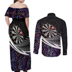 Personalized NZ Darts Couples Matching Off Shoulder Maxi Dress and Long Sleeve Button Shirt Paua Shell Maori Koru Whakairo - Purple - Aussie Hoodie