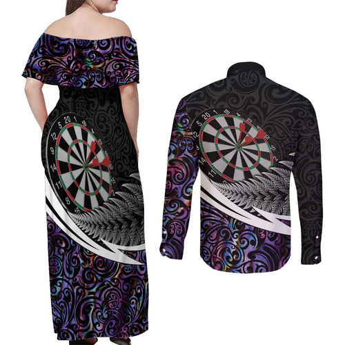 Personalized NZ Darts Couples Matching Off Shoulder Maxi Dress and Long Sleeve Button Shirt Paua Shell Maori Koru Whakairo - Purple - Aussie Hoodie