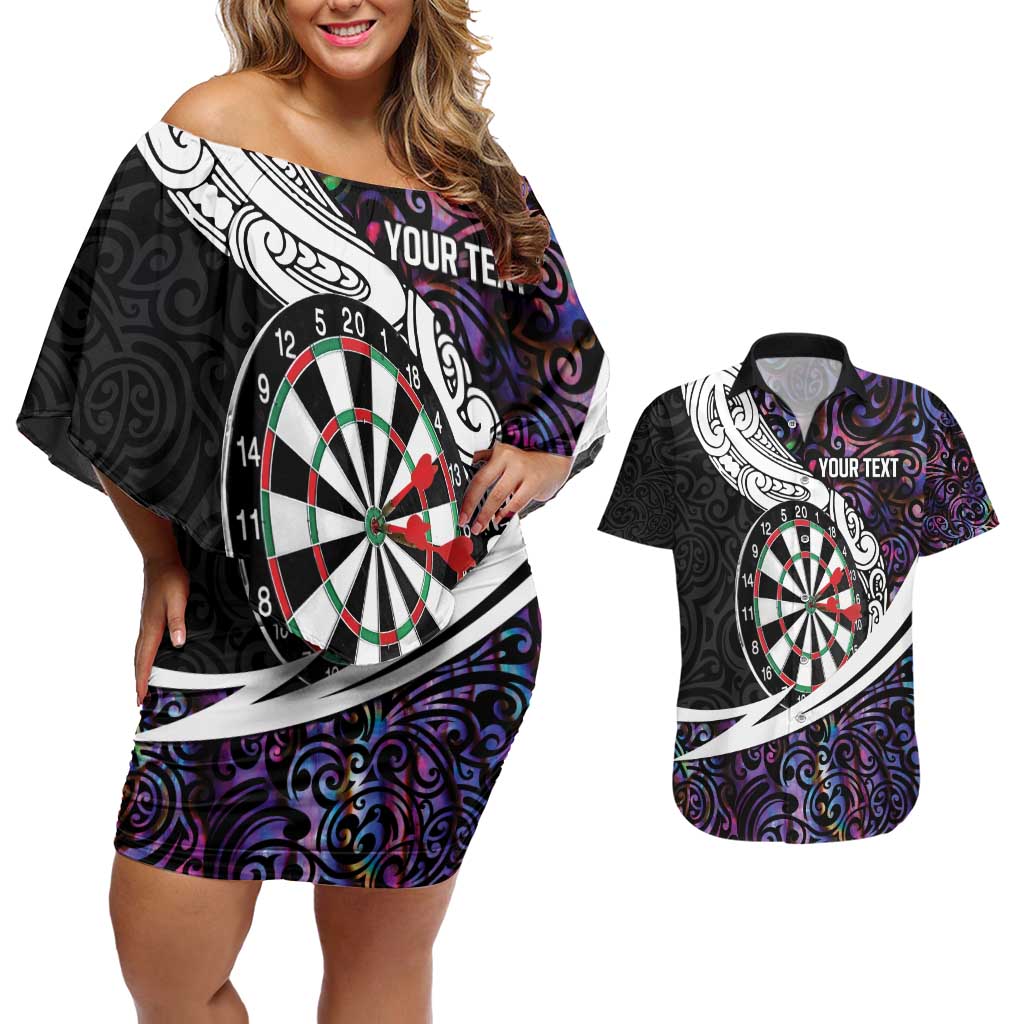 Personalized NZ Darts Couples Matching Off Shoulder Short Dress and Hawaiian Shirt Paua Shell Maori Koru Whakairo - Purple - Aussie Hoodie