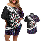 Personalized NZ Darts Couples Matching Off Shoulder Short Dress and Hawaiian Shirt Paua Shell Maori Koru Whakairo - Purple - Aussie Hoodie