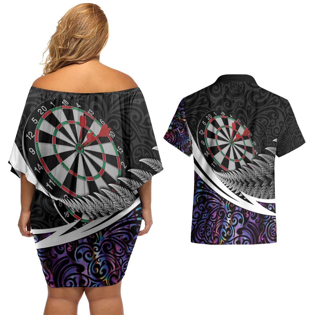 Personalized NZ Darts Couples Matching Off Shoulder Short Dress and Hawaiian Shirt Paua Shell Maori Koru Whakairo - Purple - Aussie Hoodie
