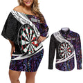 Personalized NZ Darts Couples Matching Off Shoulder Short Dress and Long Sleeve Button Shirt Paua Shell Maori Koru Whakairo - Purple - Aussie Hoodie