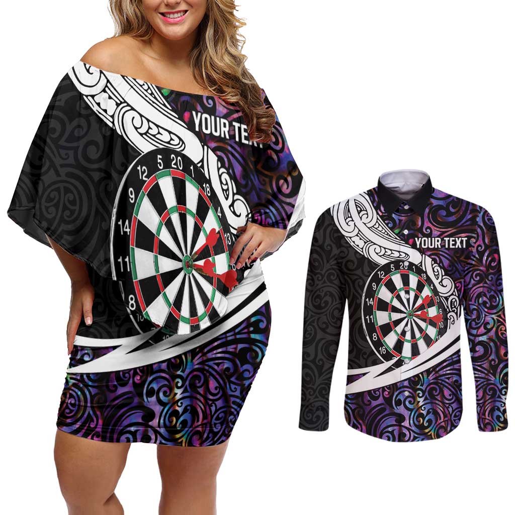 Personalized NZ Darts Couples Matching Off Shoulder Short Dress and Long Sleeve Button Shirt Paua Shell Maori Koru Whakairo - Purple - Aussie Hoodie