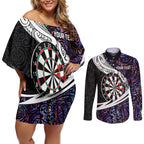 Personalized NZ Darts Couples Matching Off Shoulder Short Dress and Long Sleeve Button Shirt Paua Shell Maori Koru Whakairo - Purple - Aussie Hoodie