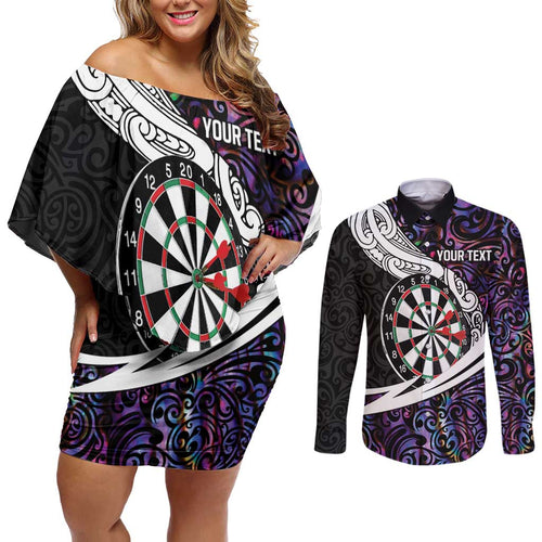 Personalized NZ Darts Couples Matching Off Shoulder Short Dress and Long Sleeve Button Shirt Paua Shell Maori Koru Whakairo - Purple - Aussie Hoodie