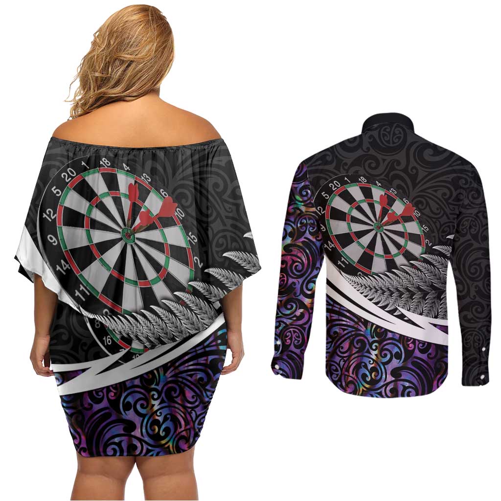 Personalized NZ Darts Couples Matching Off Shoulder Short Dress and Long Sleeve Button Shirt Paua Shell Maori Koru Whakairo - Purple - Aussie Hoodie