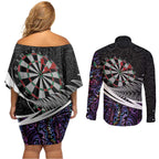 Personalized NZ Darts Couples Matching Off Shoulder Short Dress and Long Sleeve Button Shirt Paua Shell Maori Koru Whakairo - Purple - Aussie Hoodie