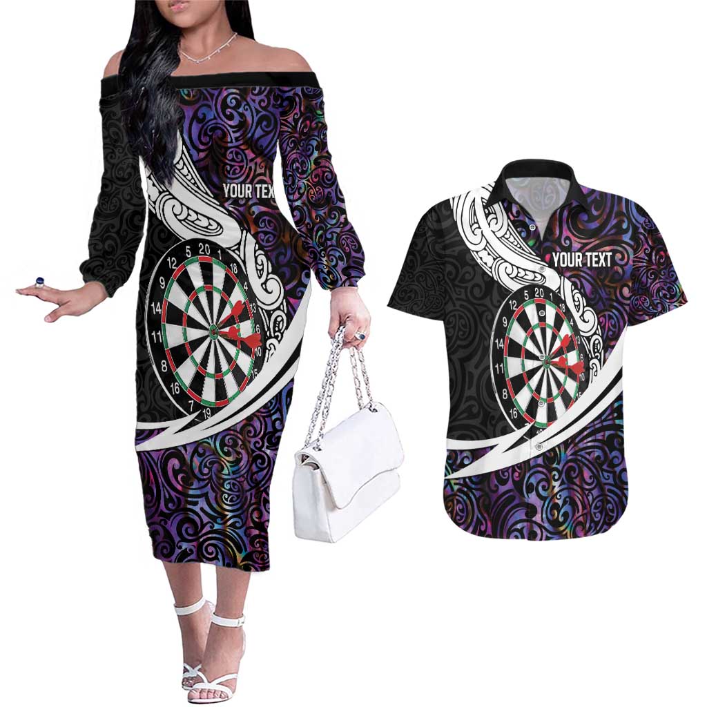 Personalized NZ Darts Couples Matching Off The Shoulder Long Sleeve Dress and Hawaiian Shirt Paua Shell Maori Koru Whakairo - Purple - Aussie Hoodie