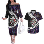 Personalized NZ Darts Couples Matching Off The Shoulder Long Sleeve Dress and Hawaiian Shirt Paua Shell Maori Koru Whakairo - Purple - Aussie Hoodie