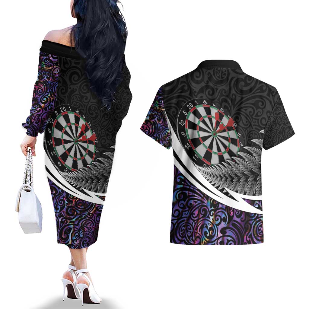 Personalized NZ Darts Couples Matching Off The Shoulder Long Sleeve Dress and Hawaiian Shirt Paua Shell Maori Koru Whakairo - Purple - Aussie Hoodie