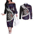 Personalized NZ Darts Couples Matching Off The Shoulder Long Sleeve Dress and Long Sleeve Button Shirt Paua Shell Maori Koru Whakairo - Purple - Aussie Hoodie