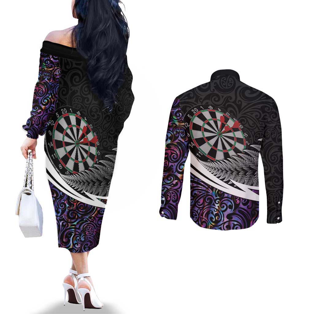 Personalized NZ Darts Couples Matching Off The Shoulder Long Sleeve Dress and Long Sleeve Button Shirt Paua Shell Maori Koru Whakairo - Purple - Aussie Hoodie