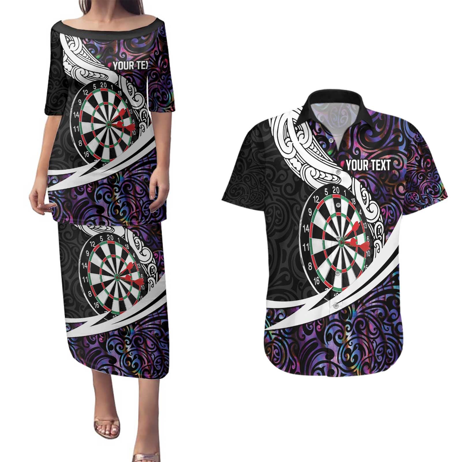 Personalized NZ Darts Couples Matching Puletasi and Hawaiian Shirt Paua Shell Maori Koru Whakairo - Purple - Aussie Hoodie