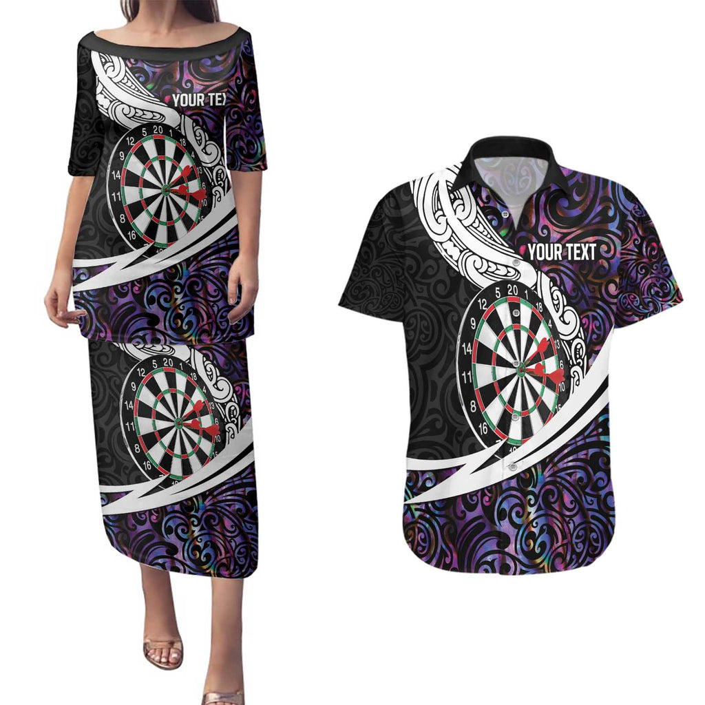 Personalized NZ Darts Couples Matching Puletasi and Hawaiian Shirt Paua Shell Maori Koru Whakairo - Purple - Aussie Hoodie
