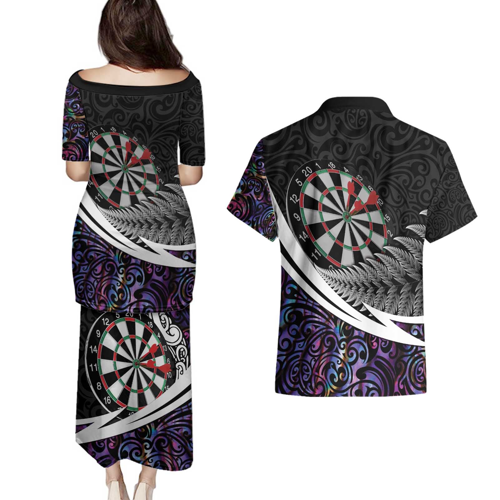 Personalized NZ Darts Couples Matching Puletasi and Hawaiian Shirt Paua Shell Maori Koru Whakairo - Purple - Aussie Hoodie