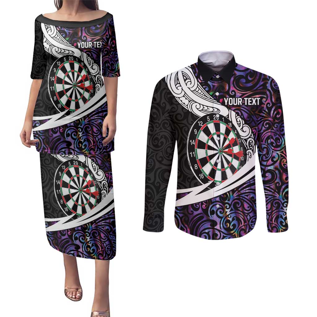 Personalized NZ Darts Couples Matching Puletasi and Long Sleeve Button Shirt Paua Shell Maori Koru Whakairo - Purple - Aussie Hoodie