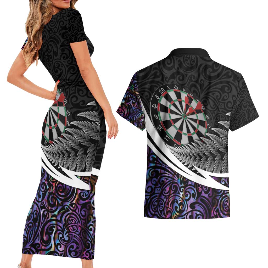 Personalized NZ Darts Couples Matching Short Sleeve Bodycon Dress and Hawaiian Shirt Paua Shell Maori Koru Whakairo - Purple - Aussie Hoodie