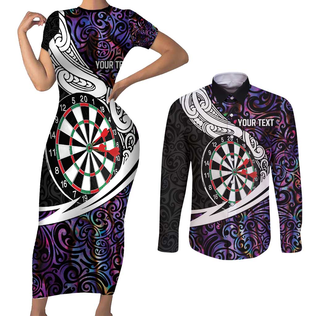 Personalized NZ Darts Couples Matching Short Sleeve Bodycon Dress and Long Sleeve Button Shirt Paua Shell Maori Koru Whakairo - Purple - Aussie Hoodie