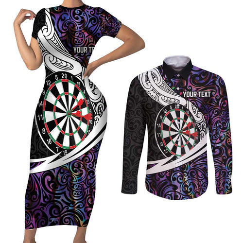 Personalized NZ Darts Couples Matching Short Sleeve Bodycon Dress and Long Sleeve Button Shirt Paua Shell Maori Koru Whakairo - Purple - Aussie Hoodie