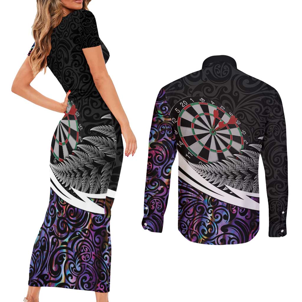 Personalized NZ Darts Couples Matching Short Sleeve Bodycon Dress and Long Sleeve Button Shirt Paua Shell Maori Koru Whakairo - Purple - Aussie Hoodie