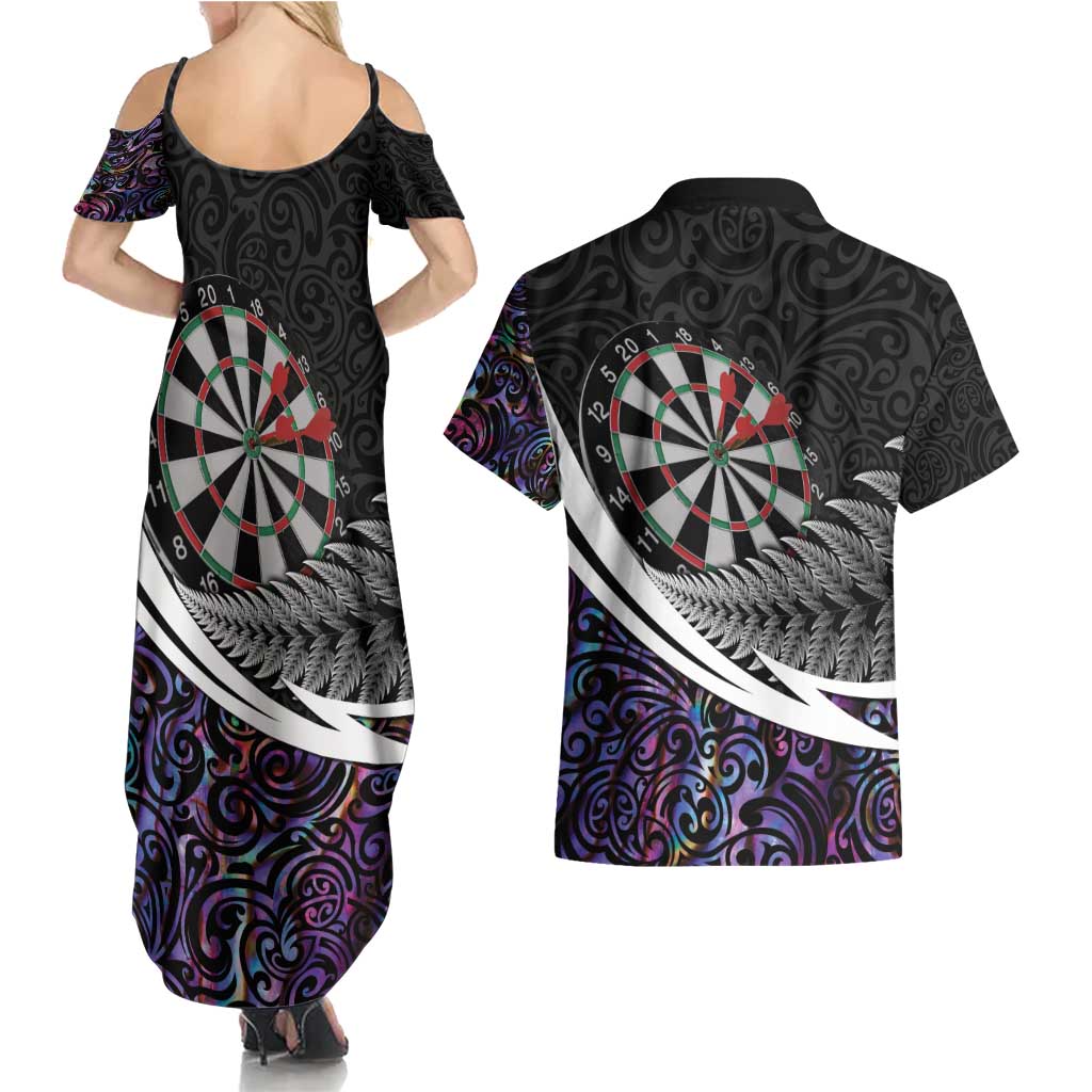 Personalized NZ Darts Couples Matching Summer Maxi Dress and Hawaiian Shirt Paua Shell Maori Koru Whakairo - Purple - Aussie Hoodie
