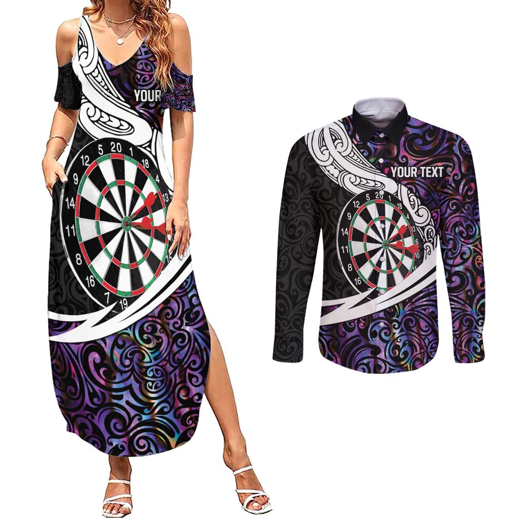 Personalized NZ Darts Couples Matching Summer Maxi Dress and Long Sleeve Button Shirt Paua Shell Maori Koru Whakairo - Purple - Aussie Hoodie