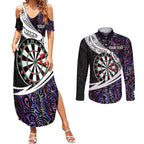 Personalized NZ Darts Couples Matching Summer Maxi Dress and Long Sleeve Button Shirt Paua Shell Maori Koru Whakairo - Purple - Aussie Hoodie